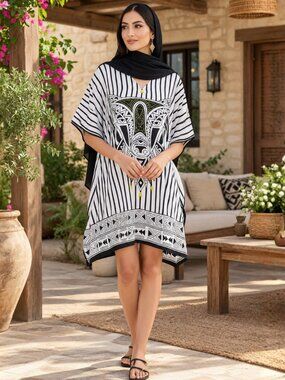 Women’s Plus Size Tribal Print Striped Kimono Sleeve Tunic Dress V-Neck